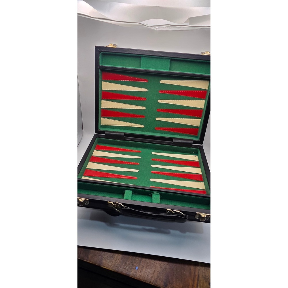 Vintage Backgammon Board Case Black Faux Leather Green Red Stripe Briefcase
